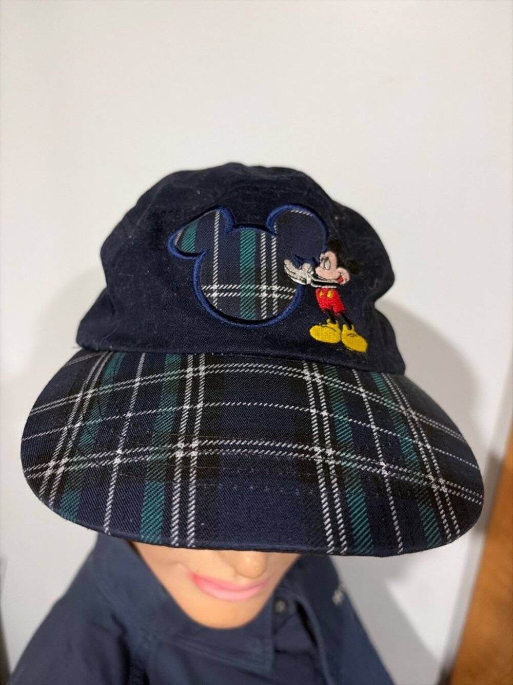 Vintage Disney Mickey Mouse Plaid Brim Navy Adjustable Cap Embroidered